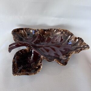 Brown Drip Pottery Divided Leaf Serving Dish Oven Proof 14" - Vintage!